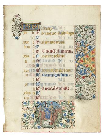 (ILLUMINATED MANUSCRIPT.) Vellum calendrical leaf depicting May with labor of the month Hawking.